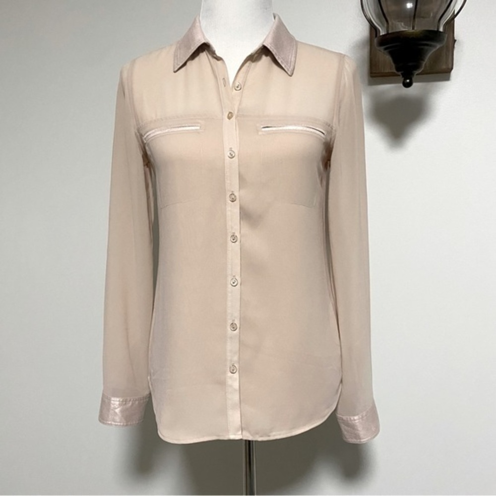Guess Sheer and Shimmer Button Down Blouse